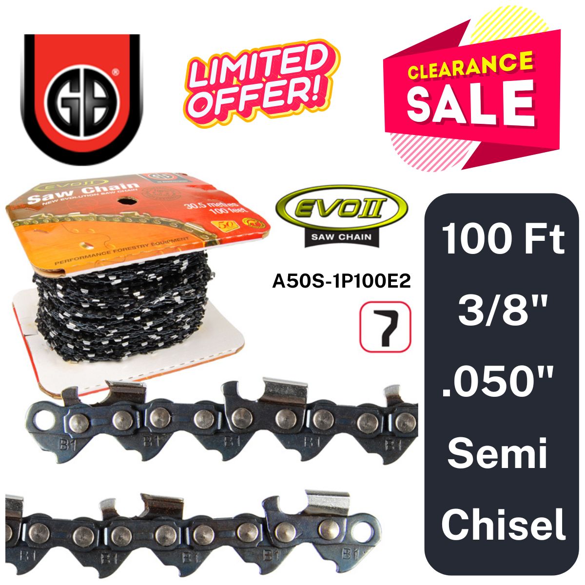 GB EVO2 Saw Chain 100ft 3/8 .050" Semi Chisel