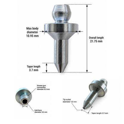 Technical dimension diagram of a metal grease gun  adapter GA-003, showing overall length, max body diameter, taper length, and cross-section details with measurements in millimeters on a white background.