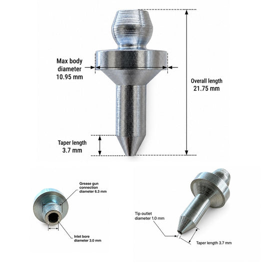 Technical dimension diagram of a metal grease gun  adapter GA-003, showing overall length, max body diameter, taper length, and cross-section details with measurements in millimeters on a white background.