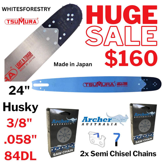 Tsumura 24" D009 Husqvarna Bar 3/8 .058 84DL + 2 Archer Semi-Chisel Chains