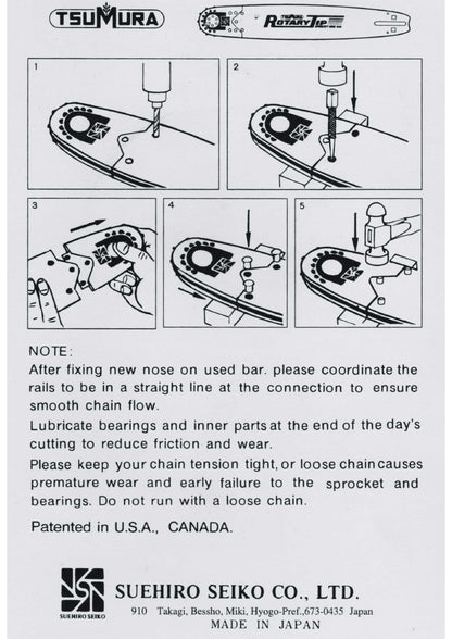 Technical diagram of a chain saw bar nose assembly with text fitting, lubrication and care, featuring Tsumura and Suehiro Seiko Co., Ltd.