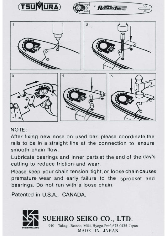 Technical diagram of a chain saw bar nose assembly with text fitting, lubrication and care, featuring Tsumura and Suehiro Seiko Co., Ltd.