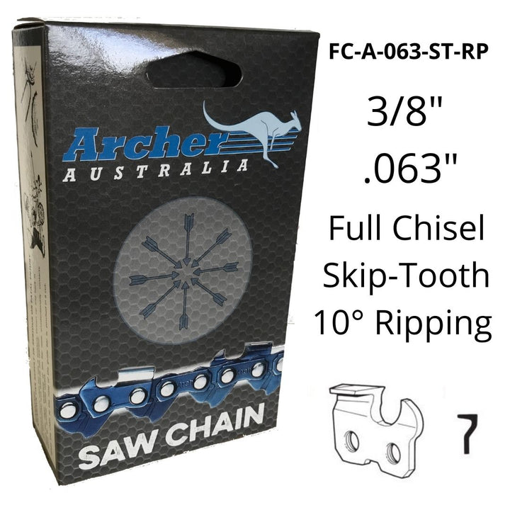 Archer Chainsaw Chain 3/8" .063" Skip-Tooth 10° Ripping Full Chisel